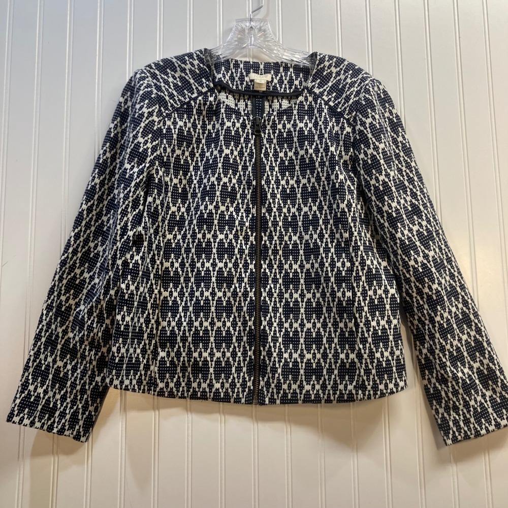 J.Crew Womens Navy White Geometric Ikat Full Zip Jacket Size M Graphic‎ Office